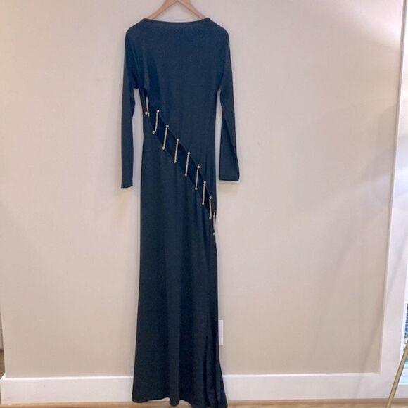 Mapale Black Long Sleeve Chain Wrap Around Detail Maxi Dress w/side slit - Picture 1 of 7